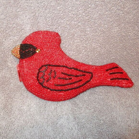 Vintage Red Cardinal Beaded Coin Purse Stash Pouch Lined Zipper Ornate Bird NEW - Picture 7 of 8